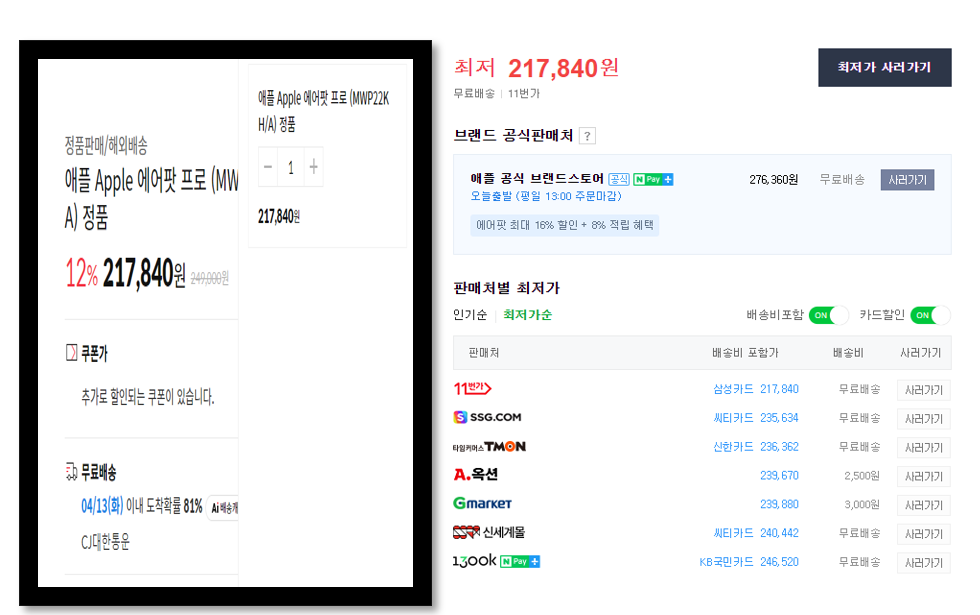 애플 에어팟프로 온라인 최저가 확인
