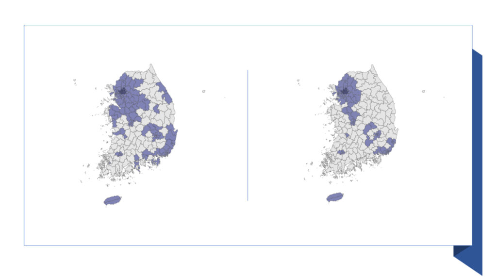 2023년 쿠세권 로켓배송과 2021년 로켓배송 가능 지역 비교