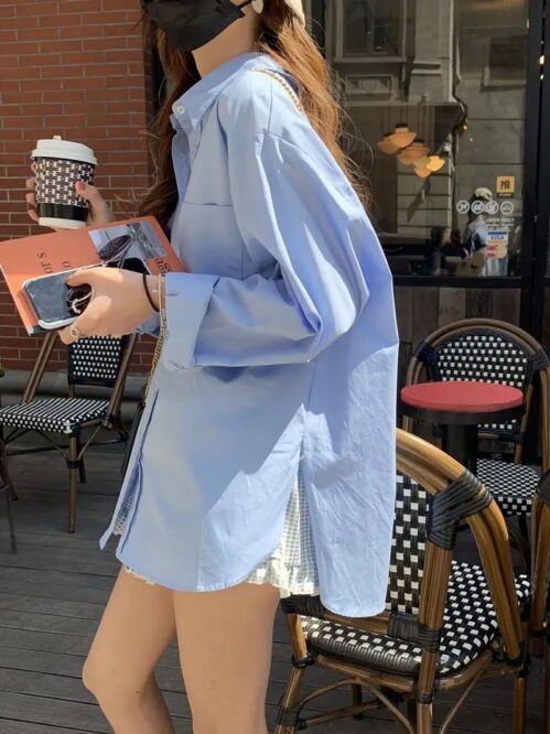 루즈한 베이직 솔리드 블라우스, 스타일리시한 라펠 긴팔 블라우스, 춘추 캐쥬얼 블라우스, 여성복