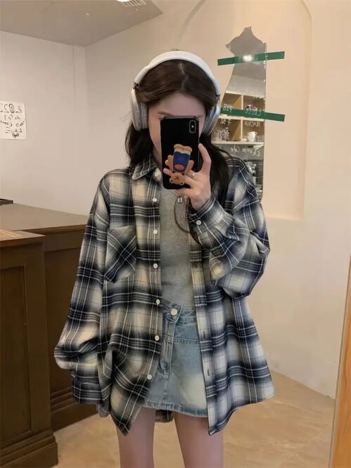 체크 무늬 프린트 폴로 칼라 버튼 셔츠, 봄 & 가을용 캐주얼 포켓 긴팔 셔츠, 여성 의류